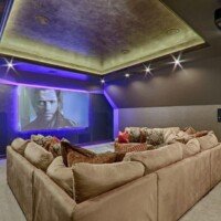 This is an "after" picture of the builder's theater, which came out great. We used custom lighting for fun effects with this system, which is great fun for family and friends!